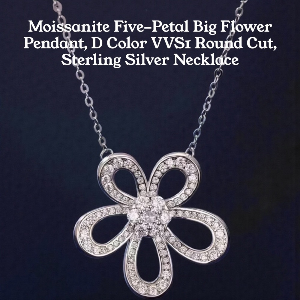 🔥SALE🔥Moissanite, D, VVS1 Round Cut, 5-Petal Pendant Sterling Silver Necklace